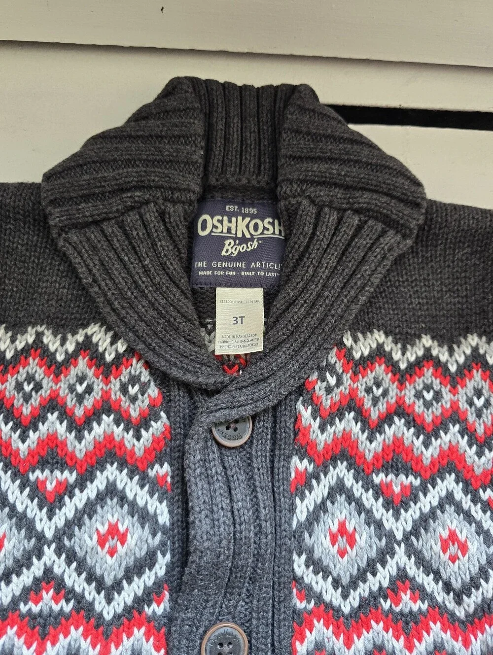OshKosh B'gosh Gray Knit Cardigan with Red and White Fair Isle